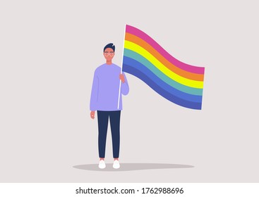 Young male character holding a rainbow flag, Pride month, LGBTQ community, human rights