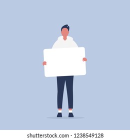 Young male character holding a sheet of white paper. Copy space. Your text here, template. Flat editable vector illustration, clip art