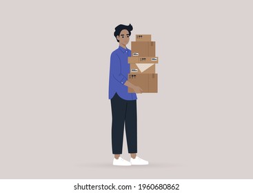 A young male character holding a stack of cardboard boxes, moving out, courier service, post box delivery