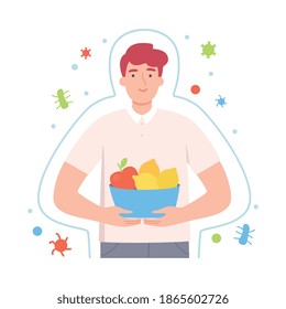 Young Male Character Holding Vitaminic Fruits Vector Illustration