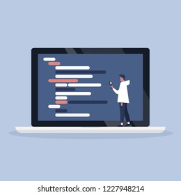 Young male character inspecting the programming code with a magnifying glass. Front end and back end. Web site. Flat editable vector illustration, clip art