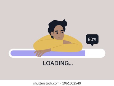 Young male character leaning on a progress bar, file uploading concept