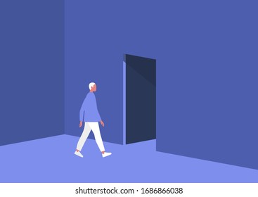 Young male character leaving the room, exit