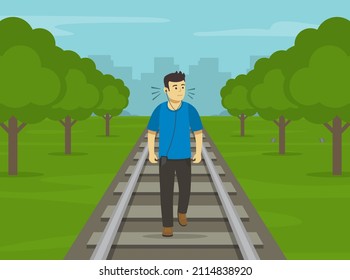 Young male character listening to loud music and walking on railway tracks during day time. Railroad safety rules and tips. Do not walk on train tracks. Flat vector illustration template.