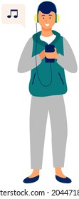 Young male character listening to music on phone through headphones. Man enjoys and has fun with songs with smartphone. Teenager and mobile sound entertainment. Boy uses phone to listen to audio files