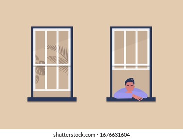 Young male character looking out the window, self-isolation and boredom, quarantine