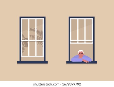 Young male character looking out the window, self-isolation and boredom, quarantine