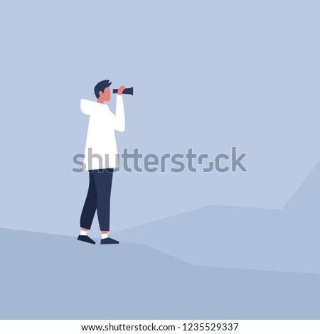 Young male character looking through the binoculars. Strategic vision. Planning. Looking for an opportunity