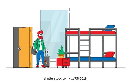 Young Male Character with Luggage Enter Hostel Room with Bunk Bed for Staying at Night. Traveler Hipster Move to Cheap Guesthouse or Dormitory Bedroom. Hospitality Service. Linear Vector Illustration