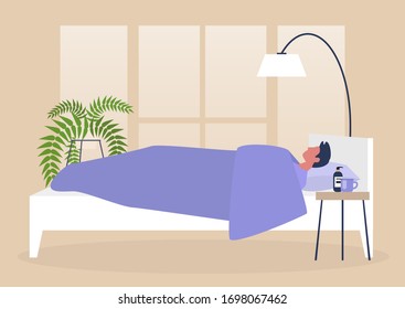 Young male character lying in bed, side view, early morning