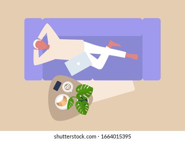 Young male character lying down on sofa, top view, living room, relaxation