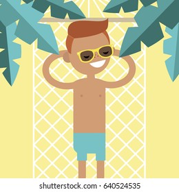 Young male character lying in a hammock under the palm trees. Top view / flat editable vector illustration, clip art