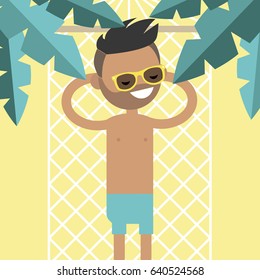 Young male character lying in a hammock under the palm trees. Top view / flat editable vector illustration, clip art