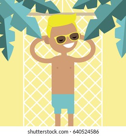 Young male character lying in a hammock under the palm trees. Top view / flat editable vector illustration, clip art