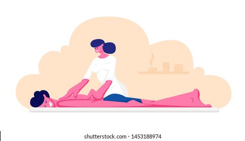 Young Male Character Lying on Table Receiving Relaxation Back Massage in Spa Center. Man Patient Get Body Care and Treatment in Salon by Professional Woman Therapist. Cartoon Flat Vector Illustration