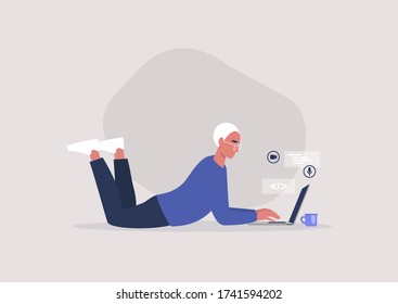 Young male character lying on the floor and typing on a laptop, working from home concept