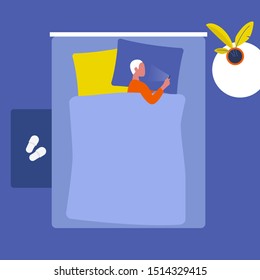 Young male character lying with a smartphone in bed . Social media. Millennials. Insomnia. Top view. Interior design. Flat editable vector illustration, clip art