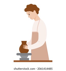Young male character making clay vase on a wheel. Pottery workshop concept. Sculptor man creating ceramic pot. Craft hobby vector illustration in flat style