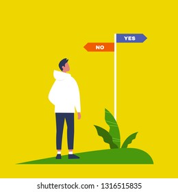 Young male character making a decision. Navigating signpost showing the opposite directions. Yes No alternatives. Flat editable vector illustration, clip art