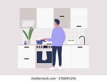 Young male character making meal at the kitchen, rear view, stay at home lifestyle