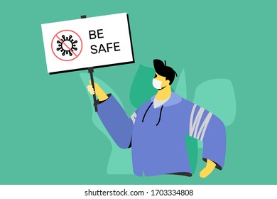 Young male character in mask with BE SAFE poster. Anti-coronavirus demonstration, self-isolation appeal, solidarity and prevention call. Vector scalable horizontal banner template.