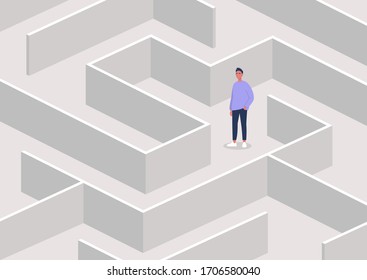 Young male character in a maze, strategical thinking and troubleshooting, business concept