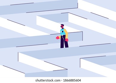 Young male character in a maze, strategical thinking and troubleshooting, business concept