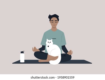 A young male character meditating with a cat on their lap, dealing with stress, yoga workout at home