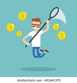 Young male character mining bitcoins. Conceptual illustration, clip art. flat editable vector