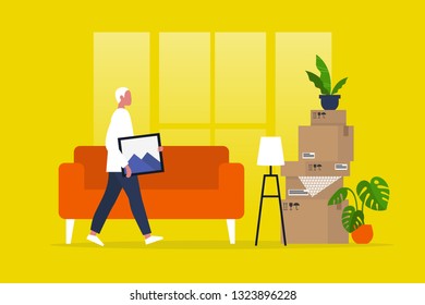 Young male character moving to a new apartment. Relocation. Mortgage. Flat editable vector illustration, clip art