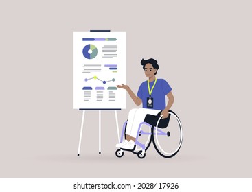 A young male character on a wheelchair presenting the infographics on a flip chart at the weekly office report meeting