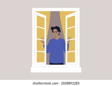 A young male character opening the window, morning rituals, daily lifestyle