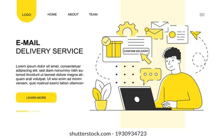 Young male character ordering email delivery on laptop. Concept of email delivery service. Present is delivered with email. Website, web page, landing page template. Flat cartoon vector illustration