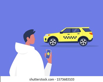 Young male character ordering a taxi with a mobile app service, yellow cab with checkered pattern