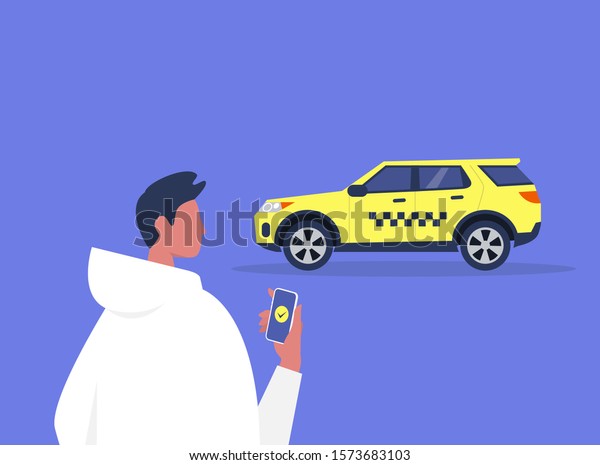 Young male character ordering
a taxi with a mobile app service, yellow cab with checkered
pattern