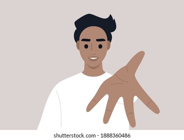 Young male character with  outstretched arm offering their help, a welcoming gesture, a helping hand concept