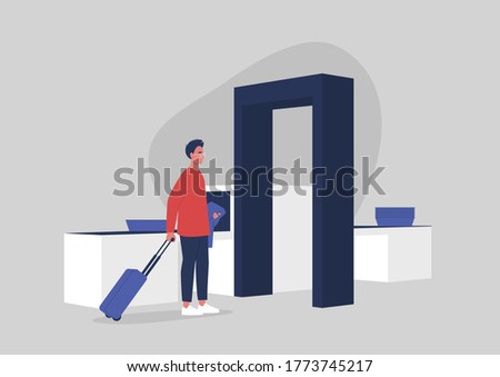 Young male character passing a security control at the airport, travel concept, millennial lifestyle