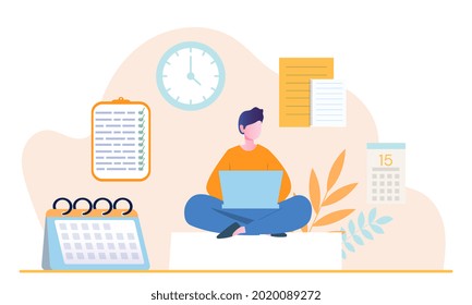 Young male character is planning his day in laptop applications. Concept of scheduling appointments on mobile device in calendar application. Man adding reminders. Flat cartoon vector illustration