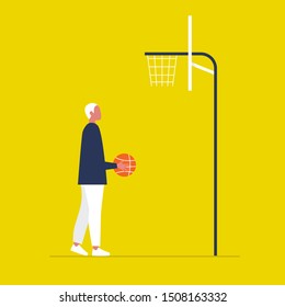 Young male character playing basketball. Achieving a target. Efficiency. Sport. Flat editable vector illustration