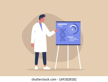 Young male character pointing on a flip chart, biotech startup, new technologies