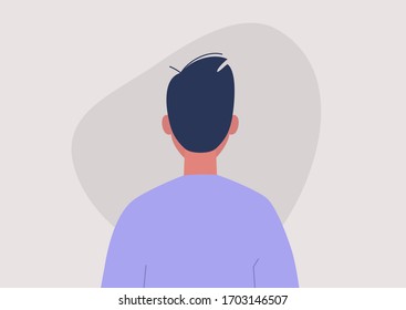 Young male character portrait, back view, millennial lifestyle, flat vector graphics