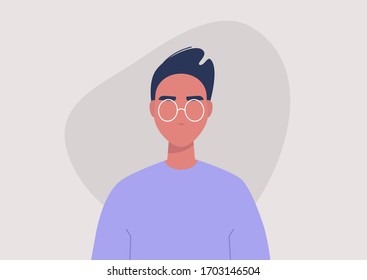 Young male character portrait, front view, millennial lifestyle, flat vector graphics