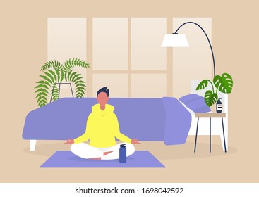Young male character practising yoga and meditation at home, mindfulness, modern millenial lifestyle 