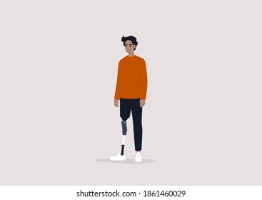 Young male character with a prosthetic leg, Modern people with disabilities, New medical  technologies, Flat editable vector illustration, clip art