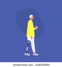 Young male character with a prosthetic lower limb holding a water flask, Modern disabled people, New technologies