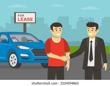 Young male character is purchasing a car. Manager congratulates and shaking male customer's hand. Close-up view. Flat vector illustration template.