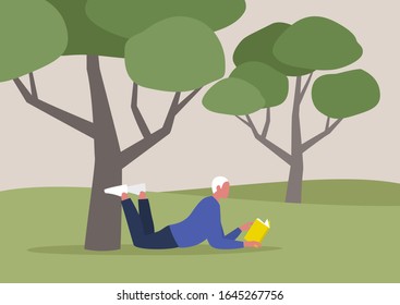 Young male character reading a book under the tree, summer recreation, outdoor, forest or park landscape