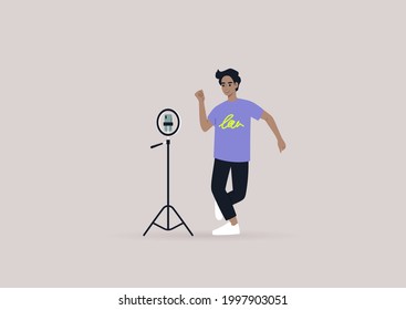 A young male character recording a dancing challenge video with their mobile phone on a tripod, modern gen z lifestyle