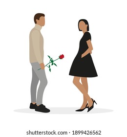Young male character with red rose in hand and female character together on white background