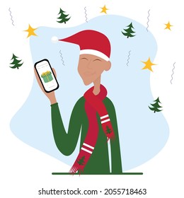  young male character in a red Santa Claus hat and a scarf is choosing gifts for Christmas, holding a mobile phone in his hand. vector illustration in a flat style